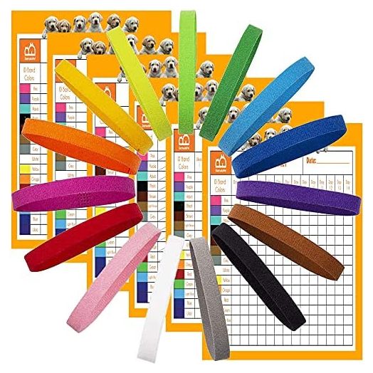 GAMUDA 15 Newborn Puppy Collars – 6 Record Keeping Charts – Super Soft Nylon Whelping Puppy Collars - Adjustable Litter Collars for Pups – Assorted Colors & Identification Collars