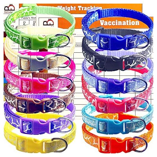 GAMUDA Puppy Litter Collars – Super Soft Nylon Whelping Puppy Collars - Adjustable Litter Collars for Pups – Assorted Colors Camouflage Identification Collars – Set of 12 (S)