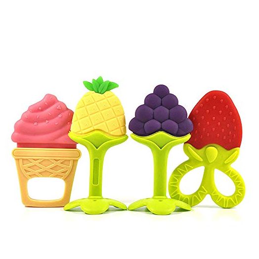 SLGOL Fruit Teething Toys for Babies 4 Pack, BPA Free Silicone Teethers for 0-6 6-12 Months Little Boy & Girl Cute Infant and Shower Gifts