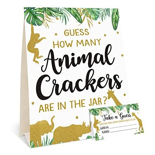 Gold Safari Baby Shower Decorations Supplies Guess How Many Animal Crackers Game with Standing Sign 30 Cards
