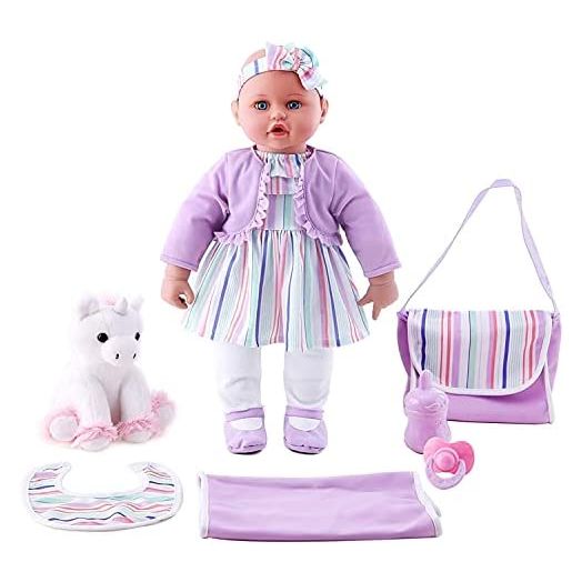 KOOKAMUNGA KIDS 18 Inch Baby Doll & Matching Care Accessories Gift Set | Lifelike Soft Body | Care Essentials Include Diaper Changing Bag, Blanket, Bib, Bottle, Pacifier & Plush Unicorn