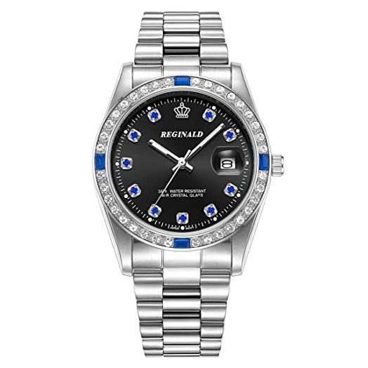 PASOY Classic Mens Stainless Steel Watch Blue Diamond Dial Silver Quartz Luxury Crystal Black Waterproof Date Watches