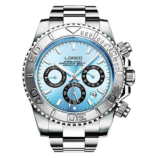 LOREO Mens Automatic Machine Multifunction Silver Stainless Steel Sapphire Glass Waterproof Watch