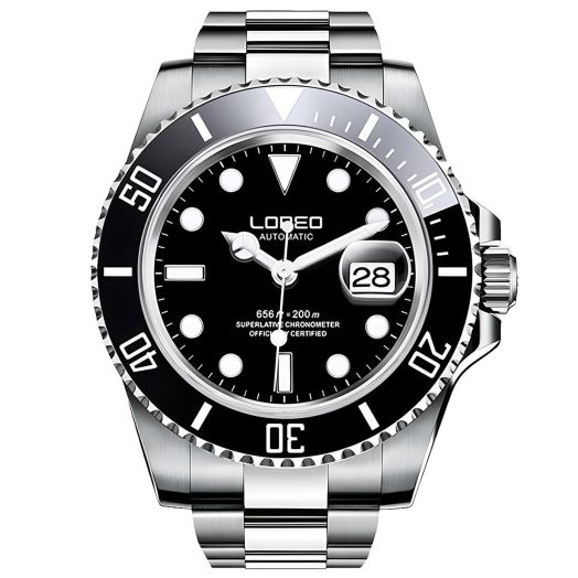 LOREO Mens Silver Stainless Steel Sapphire Glass Black Rotating Bezel Men's Automatic Watch