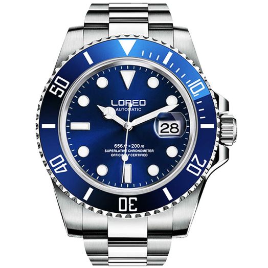 LOREO Mens GMT Silver Stainless Steel Sapphire Glass Blue Rotating Bezel Men's Automatic Watch