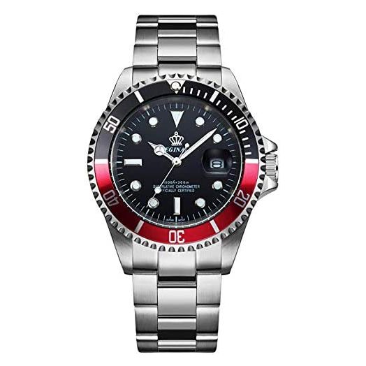 REGINALD Men's Watch Luminous Quartz Rotatable Bezel Sapphire Glass Silver Stainless Steel Band and Case Waterproof Sports Black Watch