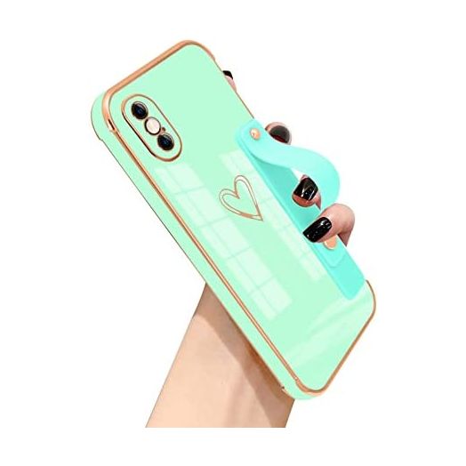 WOYAOFA Compatible with iPhone Xs Max 6.5" Case Thin for Women Girls,Soft TPU Plating Bumper Wristband Holder Bling Phone Case Slim Anti-Scratch Shockproof Love Heart Cute Case Cover(Elegant Green)