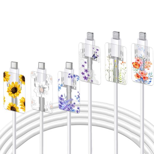 Cute Floral Cable Protector for iPhone Charger Lavender Camellia Sunflower Flower Bouquet Lace Cherry Blossom Pattern 6 pcs Set Cable Protector for iPhone,Charging Cord Protector,Charger Saver