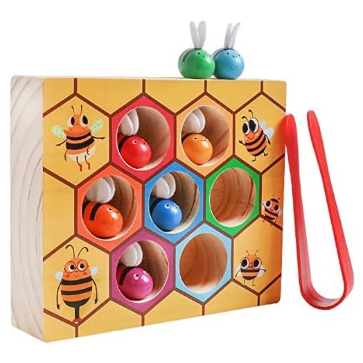 Skrtuan Toddler Fine Motor Skill Toy, Clamp Bee to Hive Matching Game, Montessori Wooden Bee Hive Toys, Wood Color Sorting Puzzle Early Learning Preschool Educational Gift for 2 3 4 Years Old Kids