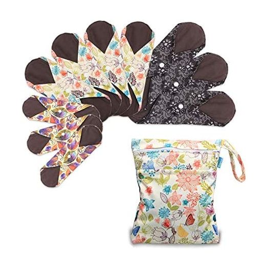 Teamoy 10Pcs Sanitary Pad, Reusable Washable Cloth Menstrual Pads/Panty Liners with Wet Bag, Super-Absorbent, Soft and Comfortable(3pcs×7.9"+4pcs×10"+3pcs×11.6")