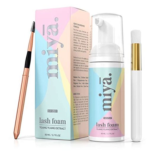 Eyelash Extension Cleanser + Rose Gold Mascara Wand & Brush | Eyelid Cleanser | Lash Bath | Paraben & Sulfate Free Makeup Remover Lash Cleanser for Extensions | Salon & Home | Miya Lash Shampoo 50ml
