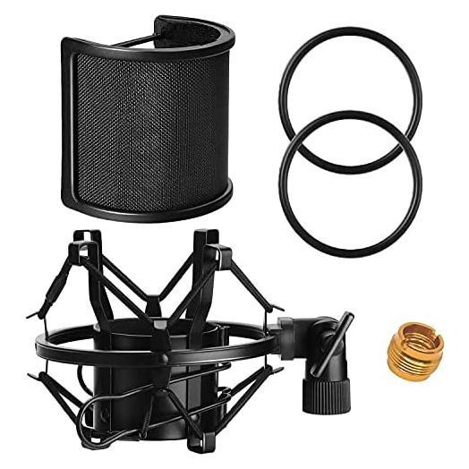 Microphone Shock Mount with Pop Filter, PEMOTech Mic Anti-Vibration Suspension Shock Mount Holder for 46mm-53mm Diameter Microphone, Compatible for AT2020 Microphone Shock Mount Bonus Screw Adapter