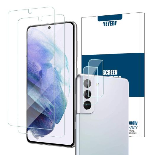 Galaxy S21 HD Clear Tempered Glass Screen Protector + Camera Lens Protectors by YEYEBF, [2+2 Pack] [3D Glass] [Fingerprint Support] Screen Protector Glass for Samsung Galaxy S21