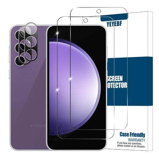 YEYEBF Galaxy S23 FE HD Clear Tempered Glass Screen Protector + Camera Lens Protectors, [2+2 Pack] [3D Glass] [Fingerprint Support] Screen Protector Glass For Samsung Galaxy S23 FE