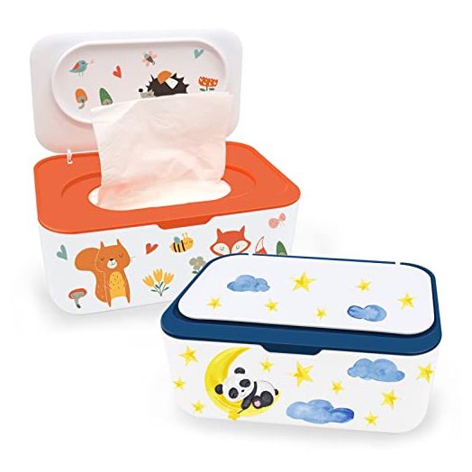 2Pcs Baby Wipes Dispenser, Diaper Wipe Holder with Lid, Refillable Wipes Case Container with Sealing Design, Flushable Wipes Pouch Case Storage Box for Bathroom, Keeps Wipes Fresh Easy Open & Close