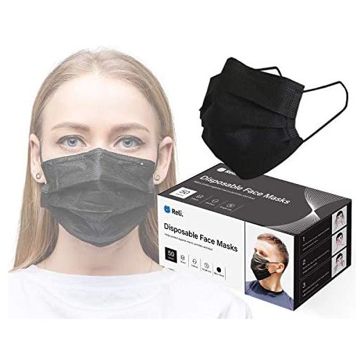 Reli. Black Face Mask (50 Masks) Disposable Black Mask, 3 PLY Protection with Filter Layer - Breathable, Elastic Ear Loop Mask - Face Protection, 50 Pack Pcs (Black)
