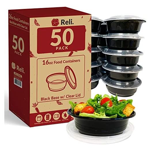 Reli. (50 Pack) 16 oz. Meal Prep Container Bowls - Reusable 16 oz Meal Prep Bowls/Food Containers Plastic - Microwavable Freezer Dishwasher Safe Bowls with Lids, Black BPA Free Food Storage Containers