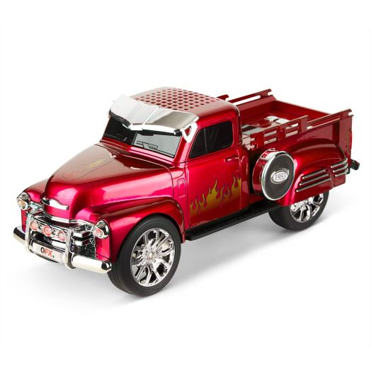 QFX Bluetooth 1953 Hot Rod Pickup Truck Replica Speaker, 3-inch Speakers, Hands Free Link, Built-in Microphone, FM Radio and LED Party Lights, Red - BT-1953-RED