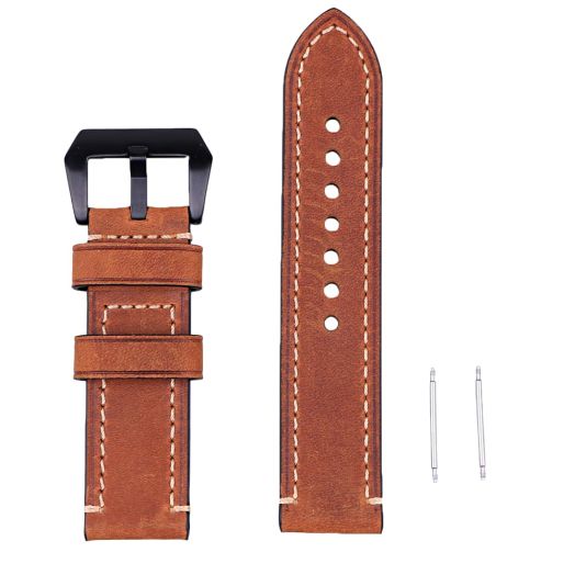 Genuine Leather Brown Watch Strap Wristwatch Band Watchband 24mm Width with Black Buckle