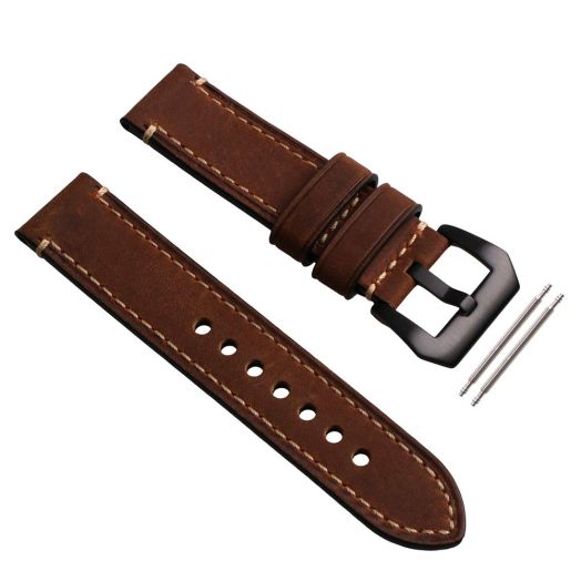 22mm Vintage Genuine Leather Replacement Brown Watch Strap Band with Black Buckle