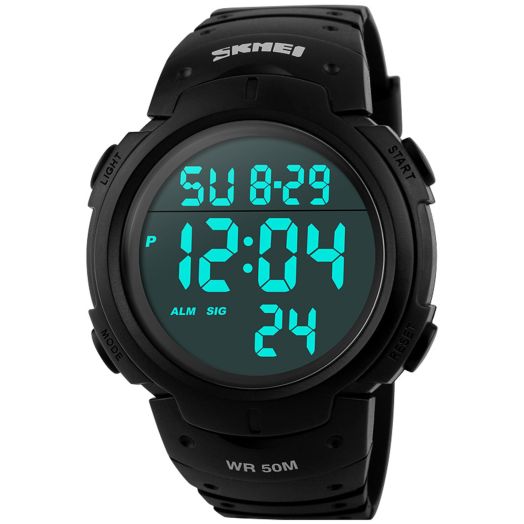 Mens Women Digital Watch Big Dial Light LED Swim Waterproof Rubber Band Alarm Black LED Watches 50MM