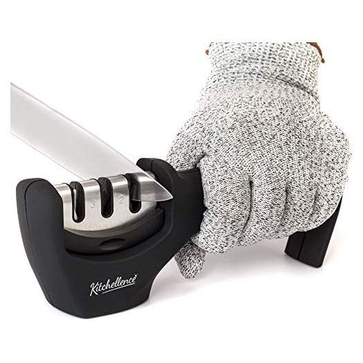 4-in-1 Kitchen Knife Accessories: 3-Stage Knife Sharpener Helps Repair, Restore, Polish Blades and Cut-Resistant Glove (Black)
