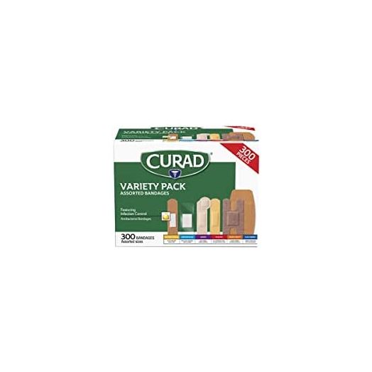 Curad Assorted Bandages Variety Pack 300 Pieces, including antibacterial, heavy duty, fabric, and waterproof bandages
