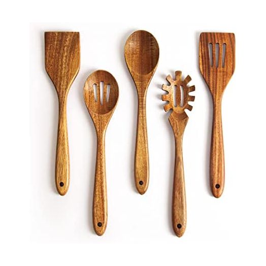 Wooden Spoons for Cooking - 5 Piece Non Stick Wooden Spoon Set - Natural Wood Kitchen Utensils - Wooden Spoons, Spatula Set, Slotted Spoon & Pasta Spoon - Handmade Acacia Wooden Spoon Set