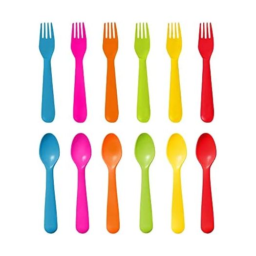 PLASKIDY Plastic Toddler Utensils Set of 12 Kids Utensils Forks and Spoons - BPA FREE / Dishwasher Safe Toddlers Silverware Set Brightly Colored Children's Safe Flatware Cutlery Set
