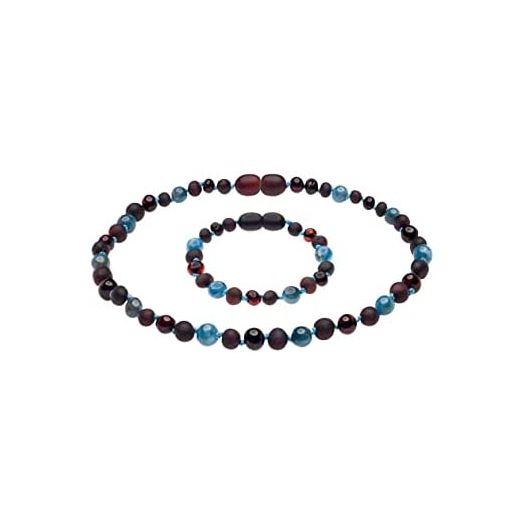 Genuine Amber Necklace & Bracelet From Baltic Sea Made With Unpolished Cherry Polished Cherry and Apatite 34 & 15 cm (13.4 & 5.9 Inches)