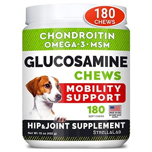 Glucosamine Treats for Dogs - Joint Supplement w/ Omega-3 Fish Oil - Chondroitin, MSM - Advanced Mobility Chews - Joint Pain Relief - Hip & Joint Care - Chicken Flavor - 180 Ct - Made in USA