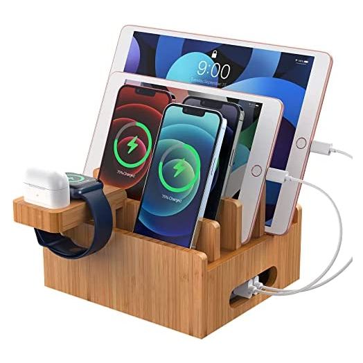 Pezin & Hulin Bamboo Charging Stations for Multiple Devices, Upgrade Desk Docking Station Organizer for Cell Phones, Tablet, Smart Watch & Earpods Stand (Includes 5 Cables BUT NO Power Supply Charger)