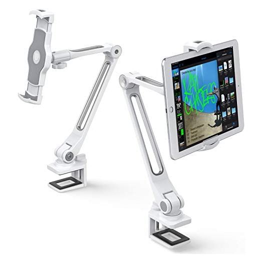 iPad Clamp Mount, AboveTEK iPad Desk Mount, 360° Swivel Arm Aluminum Sturdy Tablet Holder for Desk with Bracket, Fits 4"-11" Tablet / Phone / iPad Mini for Home Office Kitchen Bedside (White)