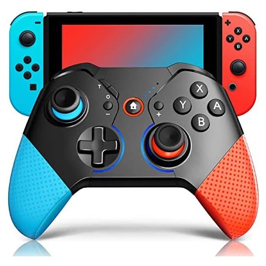 Switch Controller for Nintendo with Wake Up, Bluetooth Gamepad Remote Grip with Macro Motion Vibration Turbo RGB Light, Wireless Pro Controller Joy Con Switch for Kids Gifts - Blue&Red