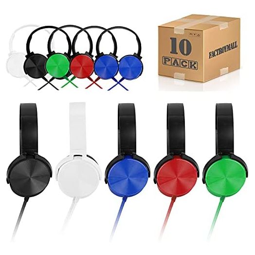 Factorymall Classroom Headphones Bulk 10 Pack Multi Color, Students Headsets Durable Earphones Comfy Swivel Class Set School, Library, Children, Kids for Online Learning and Travel, 10Mixed