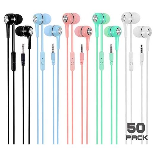 Bulk Earbuds Headphones with Microphone 50 Packs Multi Colored, Wholesale School Earphones with Mic Perfect for Classroom Students Kids Children Teen Gifts