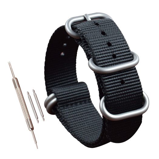MZBUTIQ 26mm Black Nylon Watch Strap Heavy Nylon Men's Wrist Watch Band Replacement 5 Rings