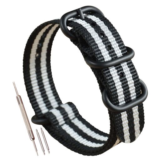 MZBUTIQ 21mm Black/White Men's Nylon Watch Strap One Piece Watch Bands Replacement PVD Buckle 4 Ring
