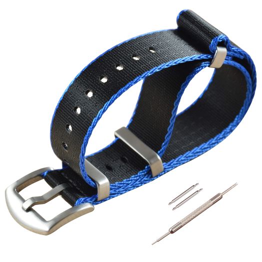 MZBUTIQ 18mm Seatbelt Watch Strap Men's Nylon Watch Band Replacement Brushed Buckle Black/Blue