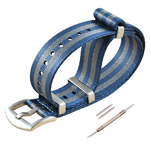 MZBUTIQ Watch Strap 20mm Seat Belt Blue and Grey Nylon Watch Bands One-piece 4 Ring Watch Bracelet