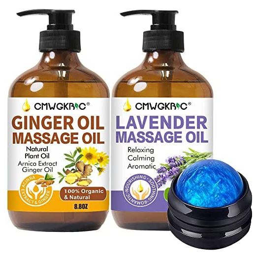 Massage Oil for Massage Therapy, Ginger Massage Oil -2 Pack Arnica & Ginger Oil -Warming Tired Sore Muscles & Lavender Relaxing Massage Oil -Romantic, Aromatic, Soothing Massage Oil with Massage Ball