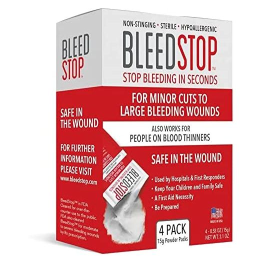 BleedStop™ First Aid Powder for Blood Clotting, Trauma Kit, Blood Thinner Patients, Camping Safety, and Survival Equipment for Moderate to Severe Bleeding Wounds or Nosebleeds - 4 (15g) Pouches