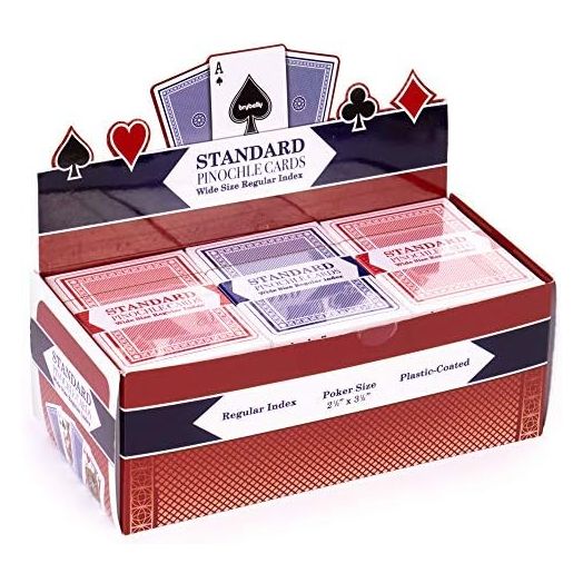 12 Pinochle Playing Card Decks, Red/Blue - Wide Size Regular Index Playing Cards Bulk Set - 48-Card Pre-Made Plastic-Coated Custom Decks - Tabletop Games & Accessories - Collector Items, Toys & Family