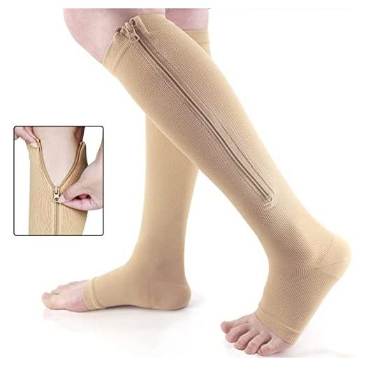 Ailaka Zipper Compression Socks 15-20 mmHg for Women & Men, Knee High Open Toe Varicose Veins Hosiery for Edema, Swollen