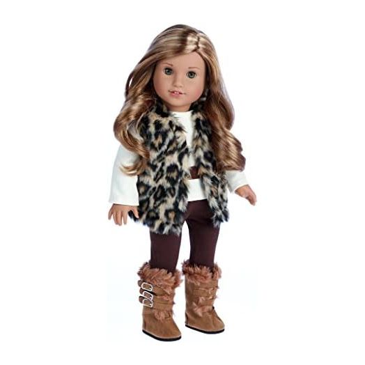 DreamWorld Collections - Wild Cat - 4 Piece Outfit - Faux Fur Vest, Boots, Brown Pants and Ivory Blouse - Clothes Fits18 Inch American Girl Doll (Doll Not Included)