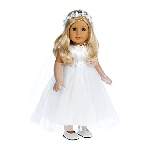 Little Angel - 4 Piece Outfit - White Satin and Tule First Communion Dress for American Girl Dolls with Long Gloves, Veil and White Shoes - 18 Inch Doll Clothes (Doll not Included)