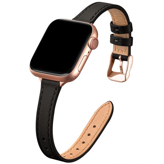 STIROLL Slim Leather Bands Compatible with Apple Watch Band 38mm 40mm 41mm 42mm 44mm 45mm 49mm,Top Grain Leather Watch Thin Wristband for iWatch Ultra SE Series 9/8/7/6/5/4/3/2/1(Black with Rose Gold)