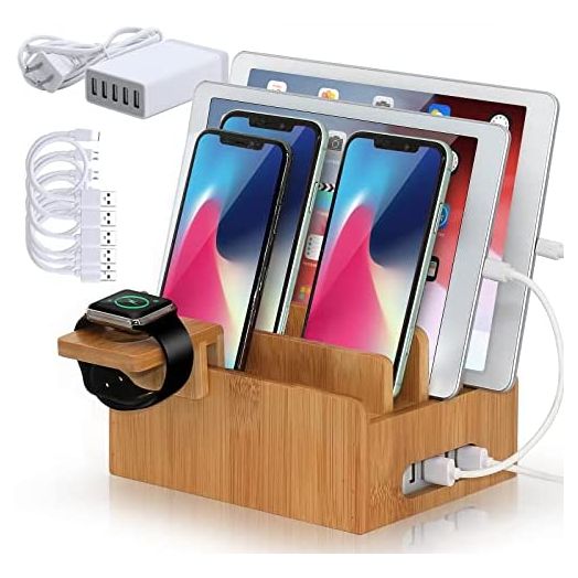 BEEBO BEABO Bamboo Charging Station, Wood Holder Docking Stand, Cell Phone Charging Stations Compatible with Phone, Tablet, Watch(Include 5 Port USB Charger, 6 Charging Cables and Watch Stand)
