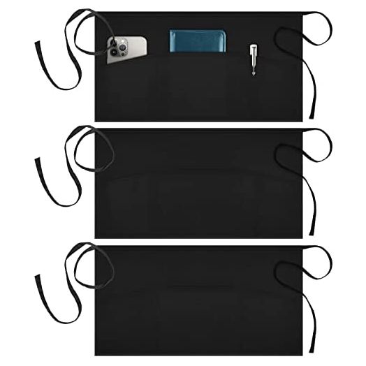Syntus 3 Pack Server Aprons with 3 Pockets, 100% Cotton Waitress Waiter Waist Apron, 11.5-inch Black