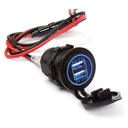 Ginsco Dual USB Charger Socket Power Outlet 2.1A & 2.1A(4.2A) for Car Boat Marine RV Mobile with Wire Fuse DIY Kit Blue LED